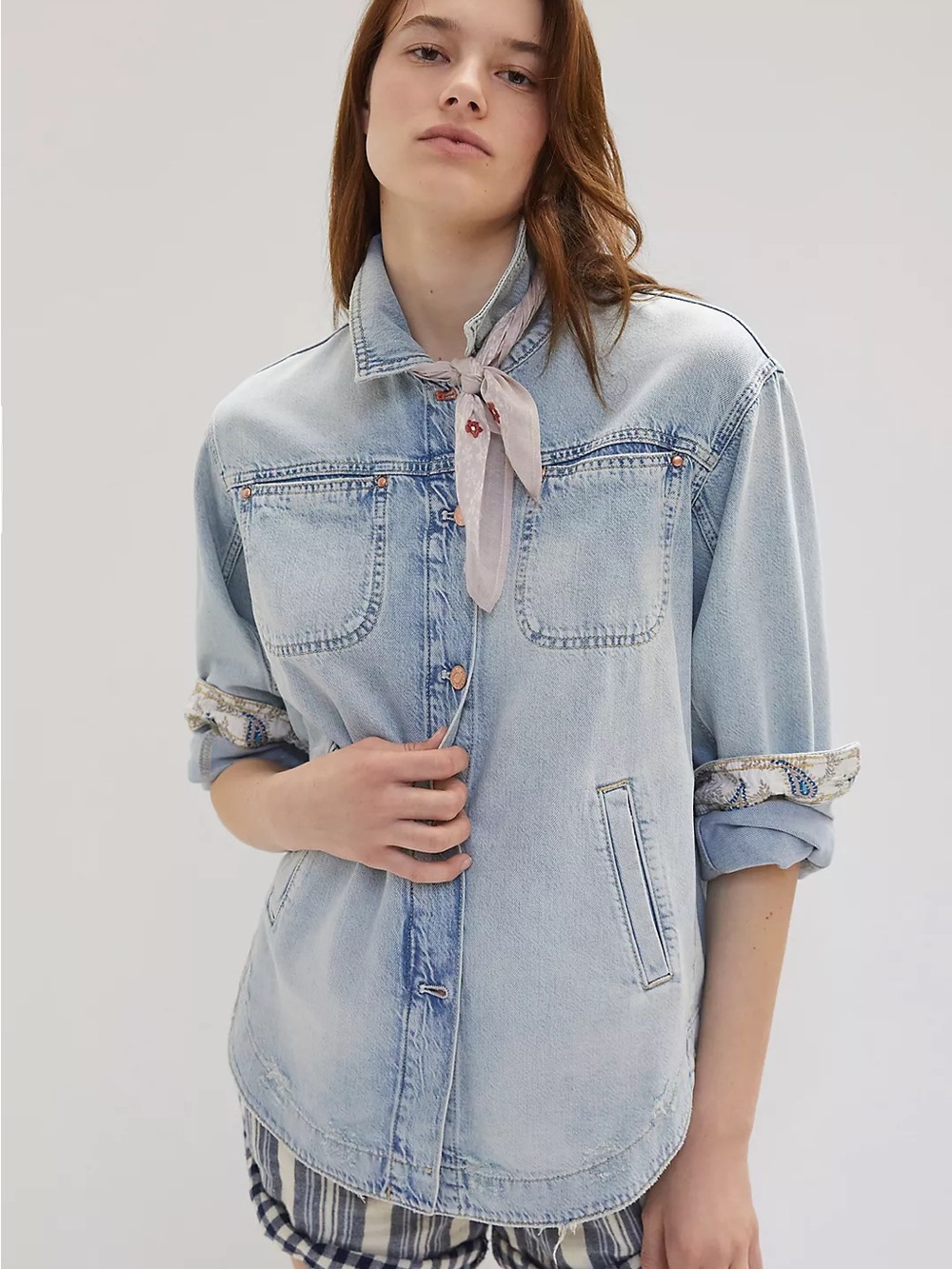 Anthropologie Drapey Oversized Denim Shirt Jacket with Contrasting lining